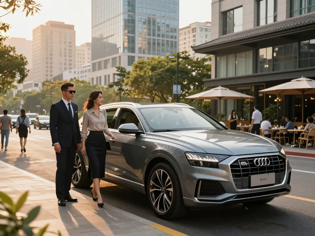 Dịch vụ cho thuê xe ô tô hạng sang với Audi Q8 thanh lịch và tài xế chuyên nghiệp trong một bối cảnh đô thị sôi động.