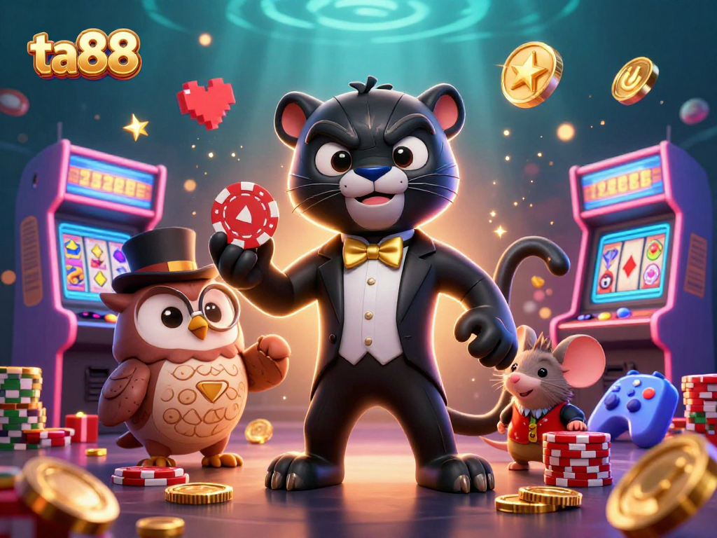 Play exciting slots with ta88 as the panther deals reels and poker chips in a vibrant 3D scene.
