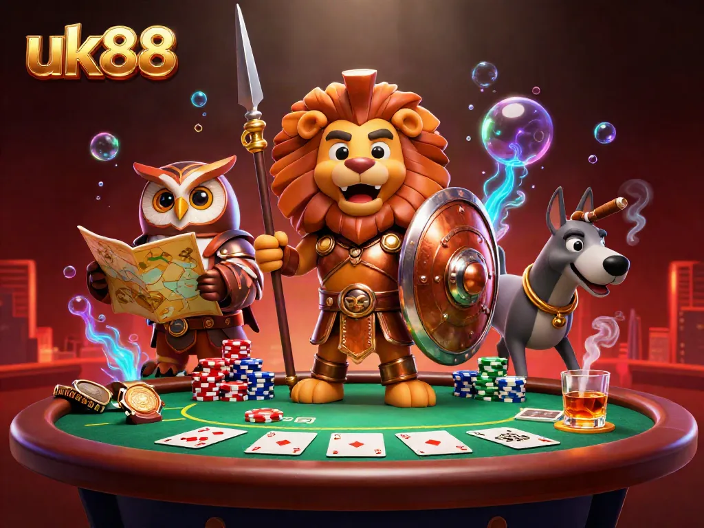 Gaming dynamic scene featuring uk88’s Spartan lion, strategic owl, and swift greyhound amidst poker action.