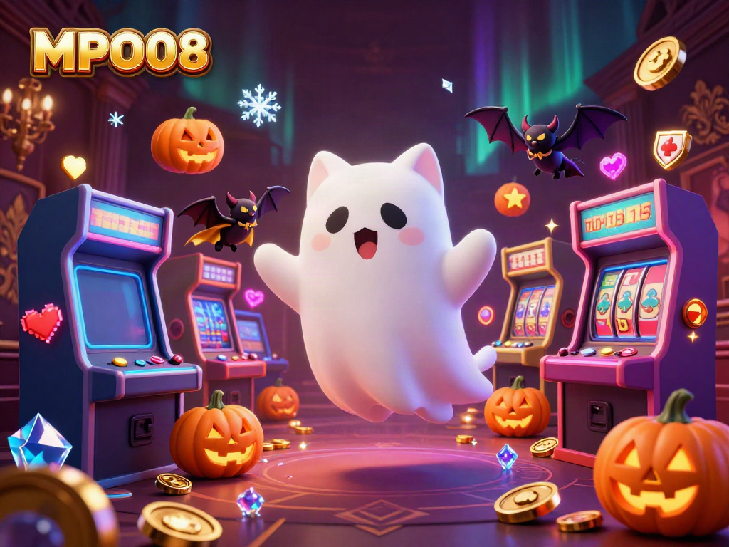 Experience MPO08 with friendly ghost cat in a haunted casino depicting thrilling slot gameplay.