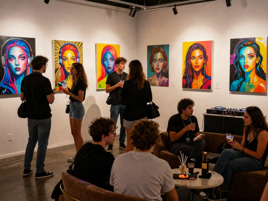 A vibrant urban nightlife gallery scene with friends exploring nsfw ai inspired artwork, engaging conversations, and ambient lighting.