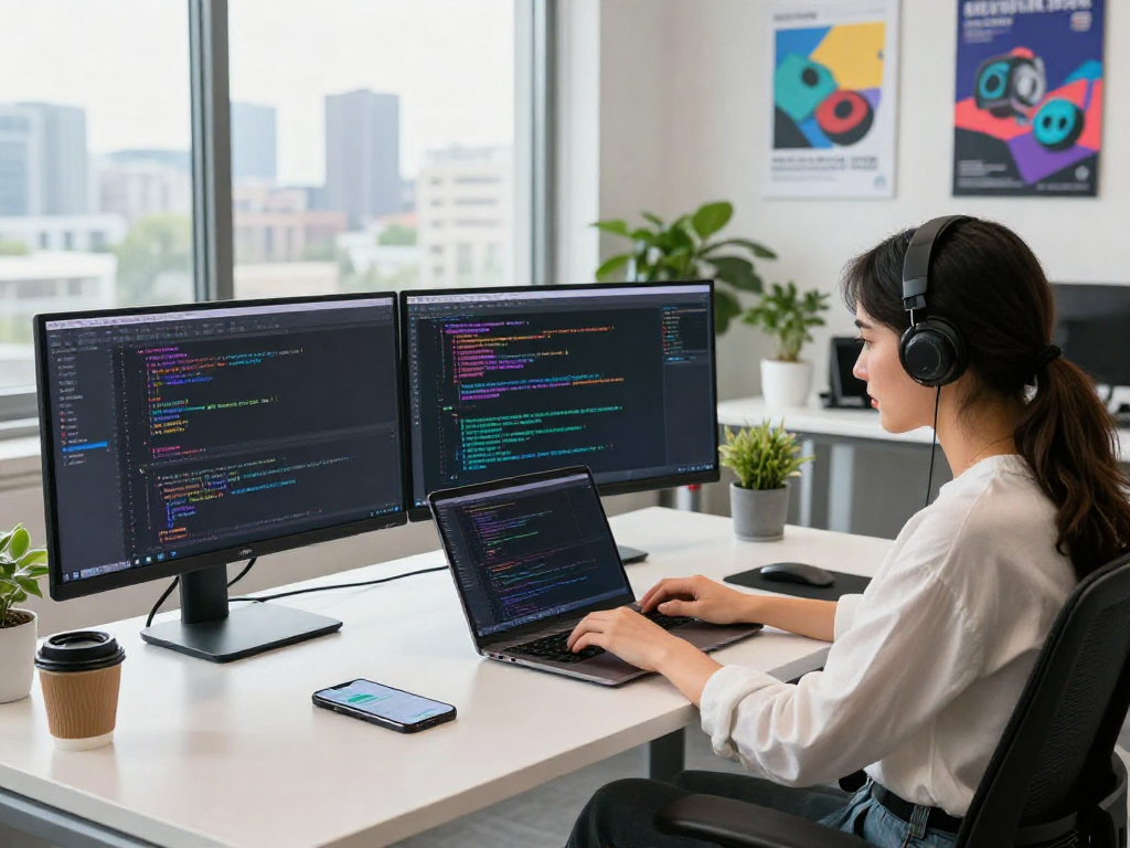 Ambiente de trabajo moderno mostrando a una desarrolladora de software enfocada en el código de Immediate Edge en su laptop.
