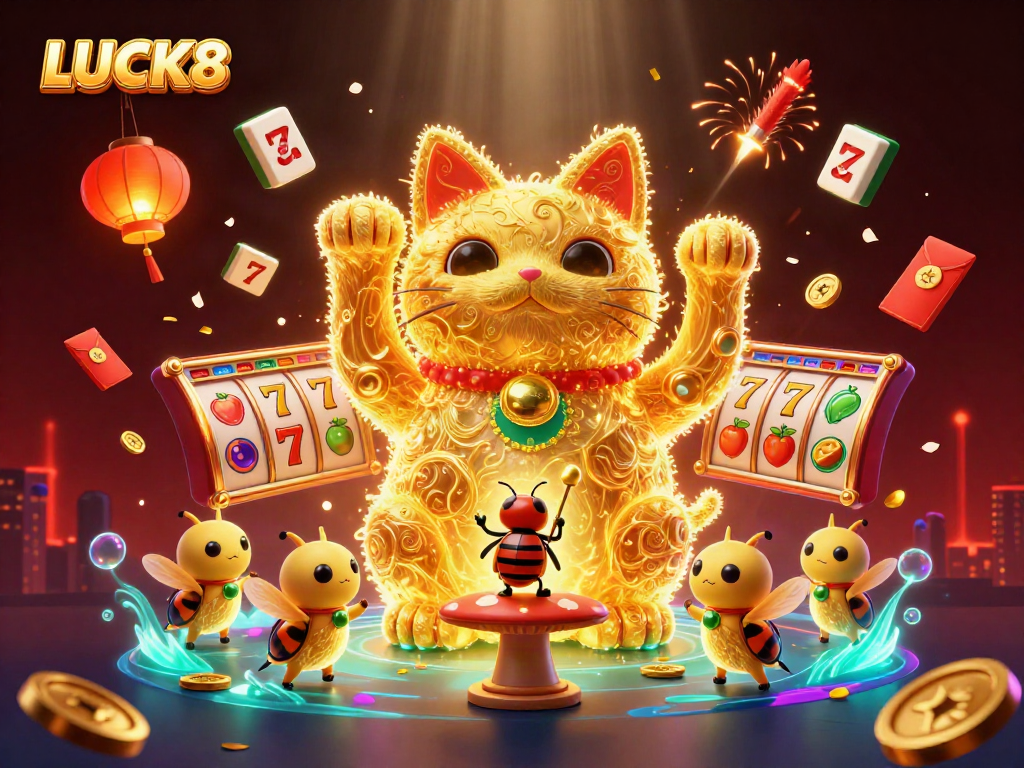 LUCK8 features a golden firefly lucky cat amidst dynamic casino symbols for an engaging gaming vibe.