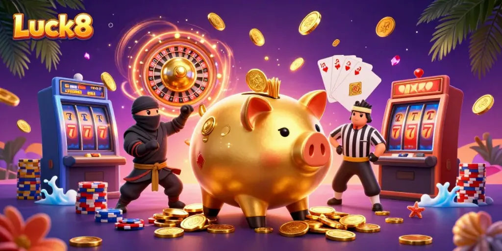 Experience excitement at Luck8 with a dynamic sumo wrestler and ninja amidst casino treasures.