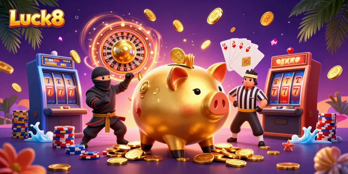 Experience excitement at Luck8 with a dynamic sumo wrestler and ninja amidst casino treasures.