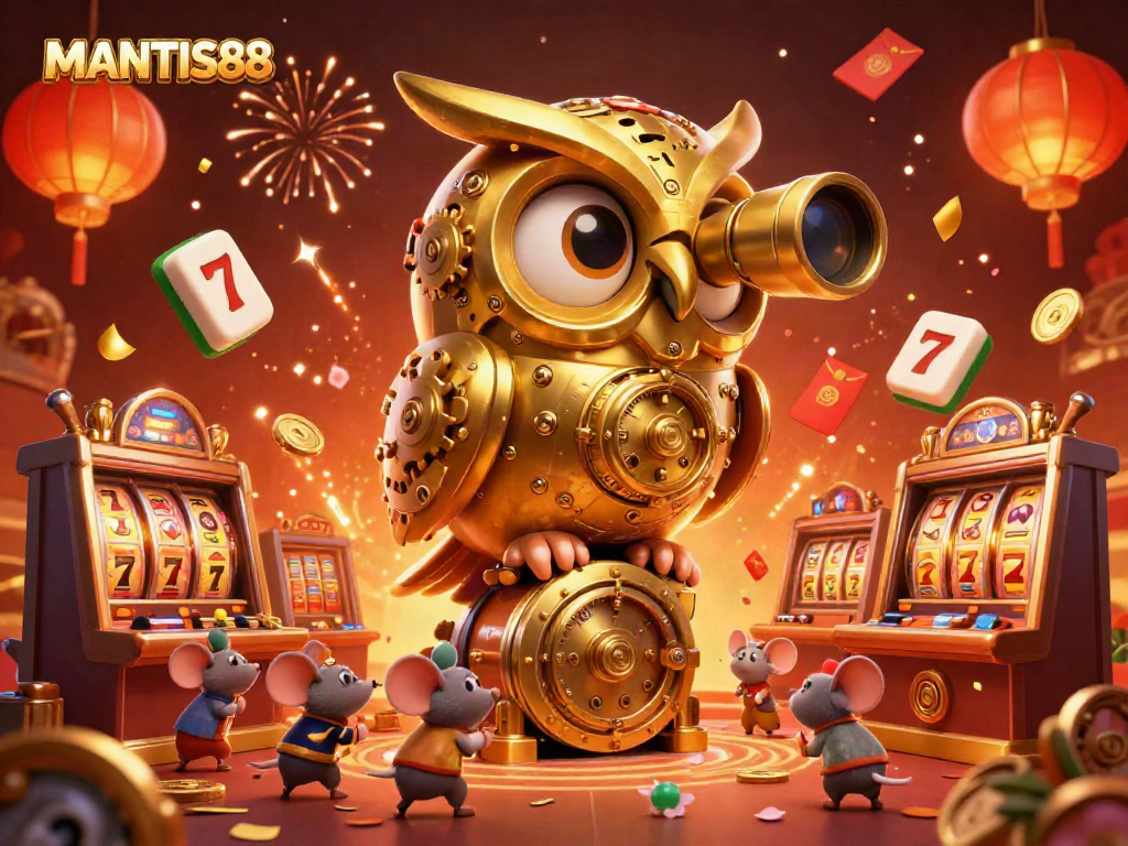 Engage with MANTIS88's vibrant online casino scene featuring a golden owl and festive elements.