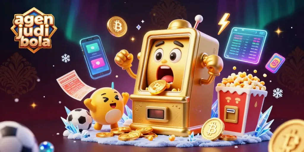 Experience the thrilling agen judi bola scene with dynamic slot machines, sports betting elements, and glowing crypto coins.