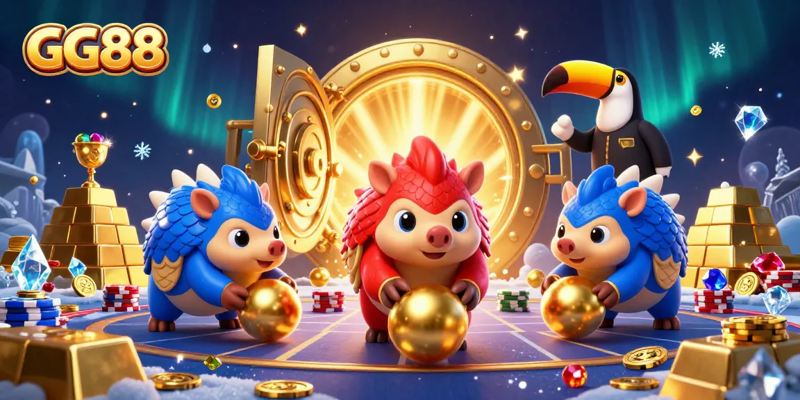Experience thrilling gameplay with GG88 in a vibrant 3D cartoon scene featuring rival pangolins and treasure.