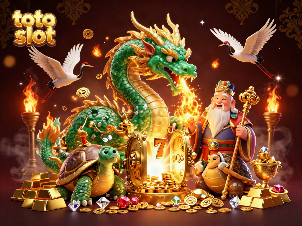 Immerse in the vibrant world of toto slot with a dragon, turtle sage, and lucky cranes amidst golden treasures.