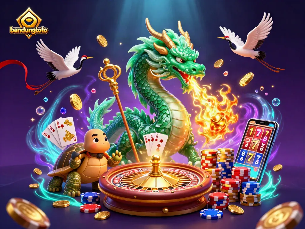 Experience the thrill of gaming with bandungtoto, featuring a jade dragon, winning coins, and dynamic casino elements.