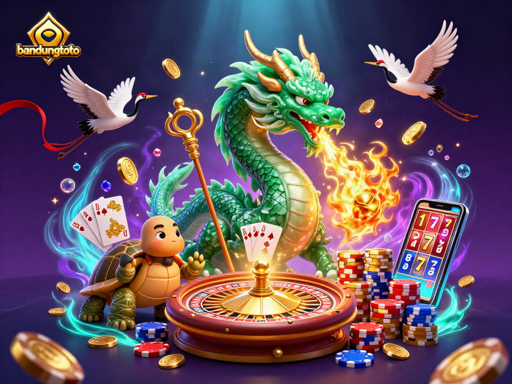 Experience the thrill of gaming with bandungtoto, featuring a jade dragon, winning coins, and dynamic casino elements.