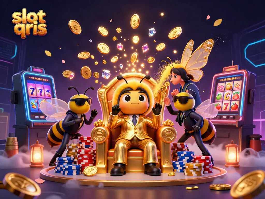 Experience vibrant gameplay with slot qris as a cartoon mob boss and characters amidst sparkling coins and slot reels.