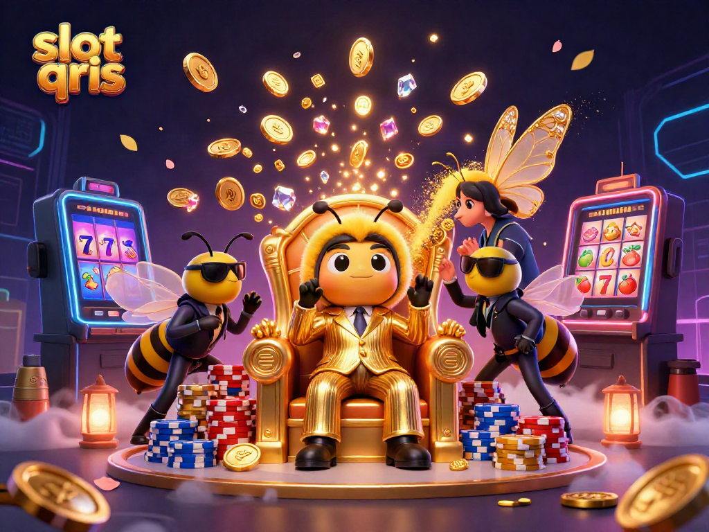 Experience vibrant gameplay with slot qris as a cartoon mob boss and characters amidst sparkling coins and slot reels.