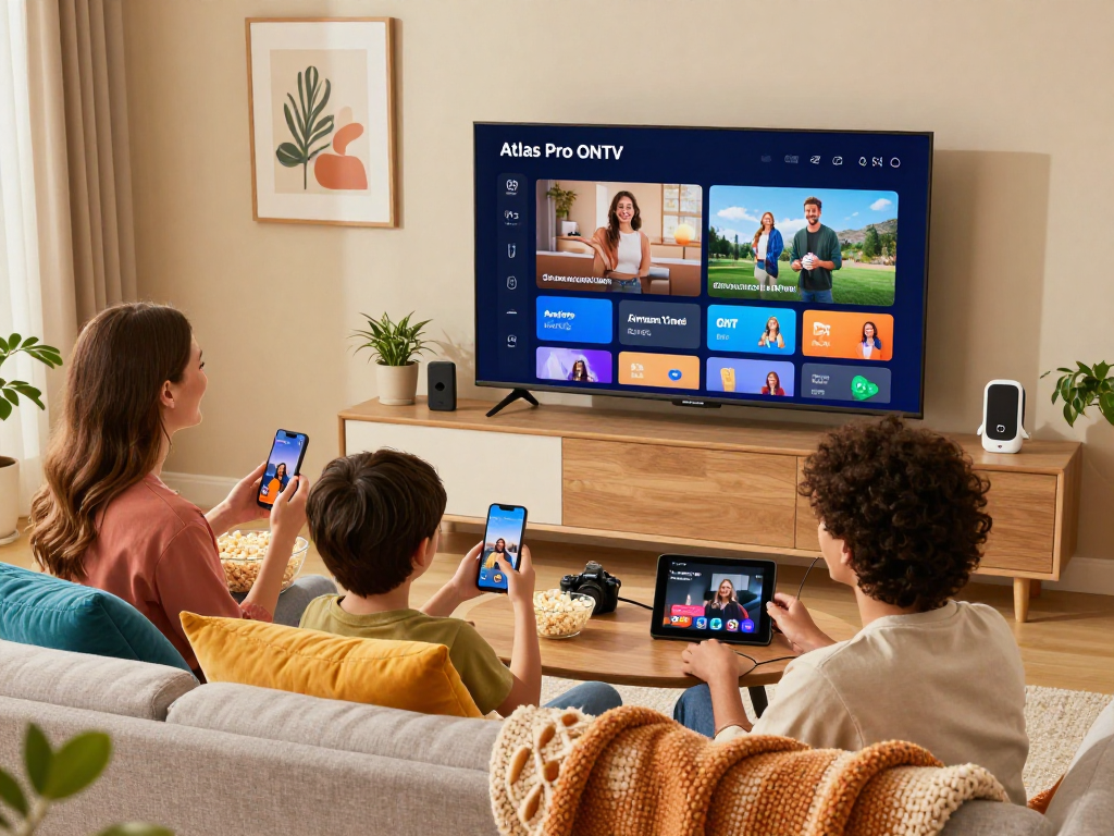 Famille profitant de l'application Atlas Pro sur grand écran TV, moment convivial et moderne.