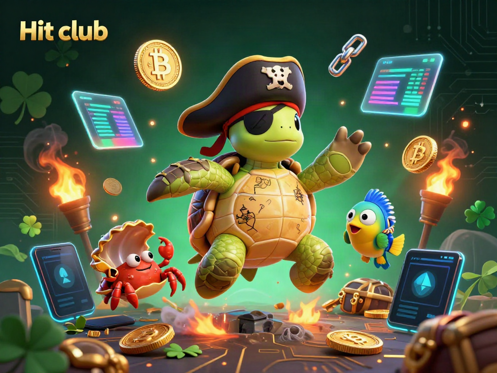 Hit club showcases a vibrant 3D casino scene with pirate turtle and crypto elements.