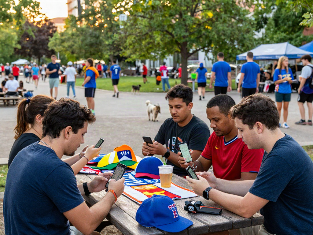 Excited friends enjoying Totobet betting at a lively park picnic.