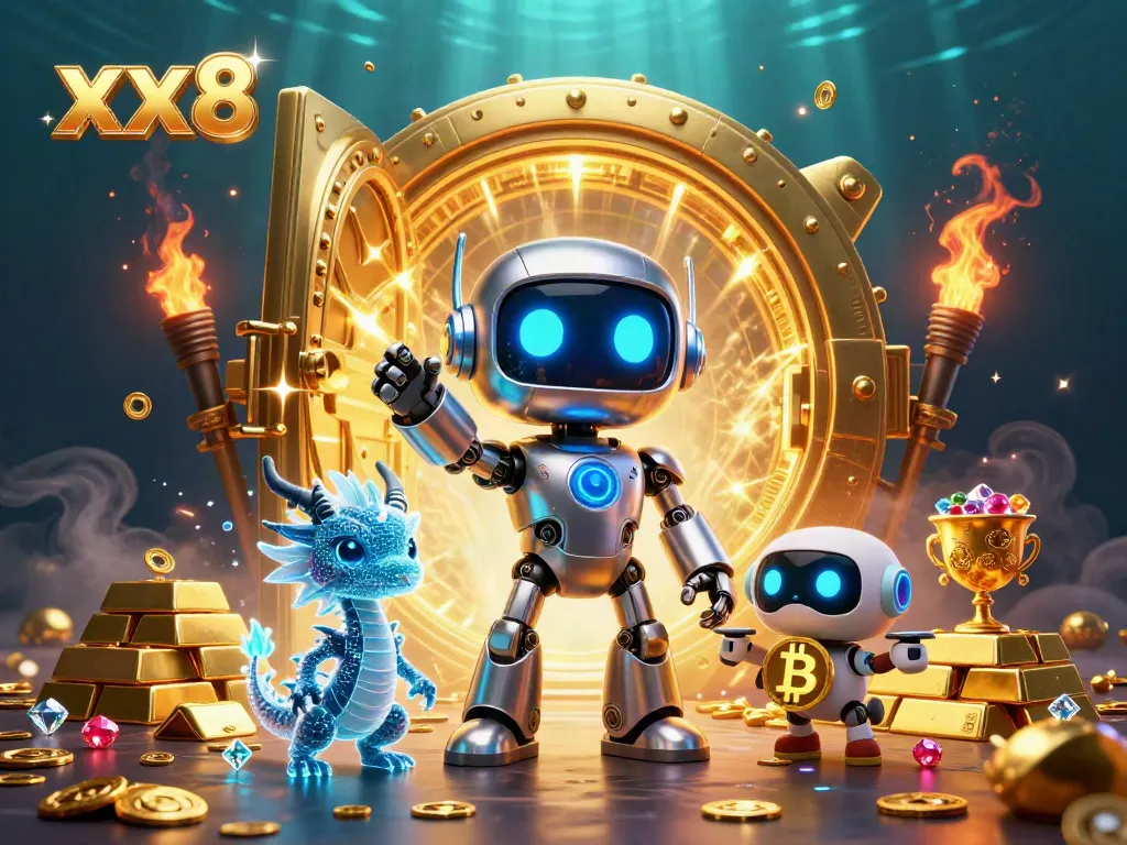 Experience the vibrant xx8 casino world with a futuristic robot and treasure hoard.