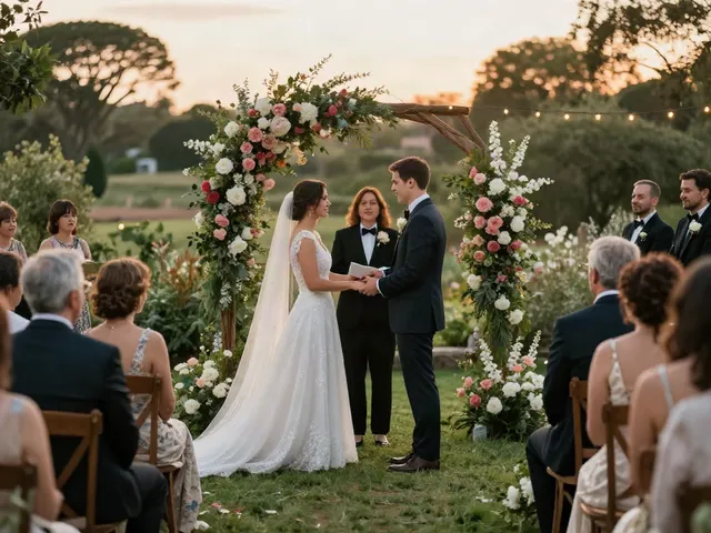 Dunedin wedding photographer capturing a romantic outdoor ceremony during golden hour with emotional expressions.