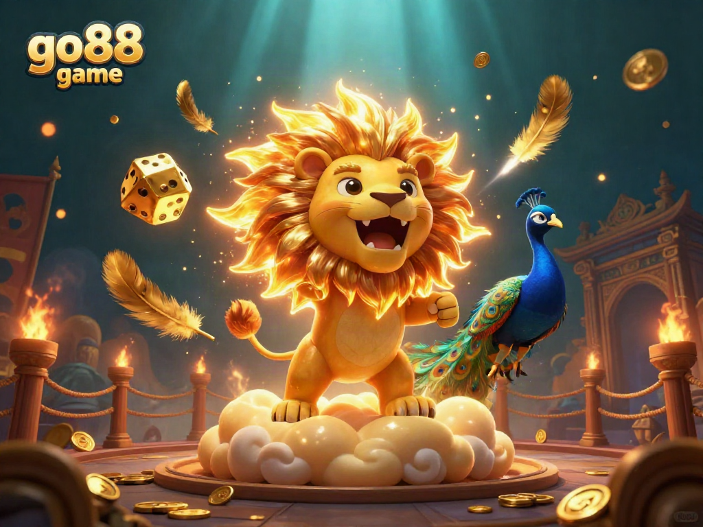 Experience the excitement of go88 game with a vibrant 3D illustration featuring a roaring sun lion and golden dice.