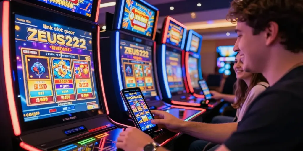 Pengalaman bermain game slot gacor dengan aplikasi Zeus222 di tangan, suasana kasino online yang meriah.