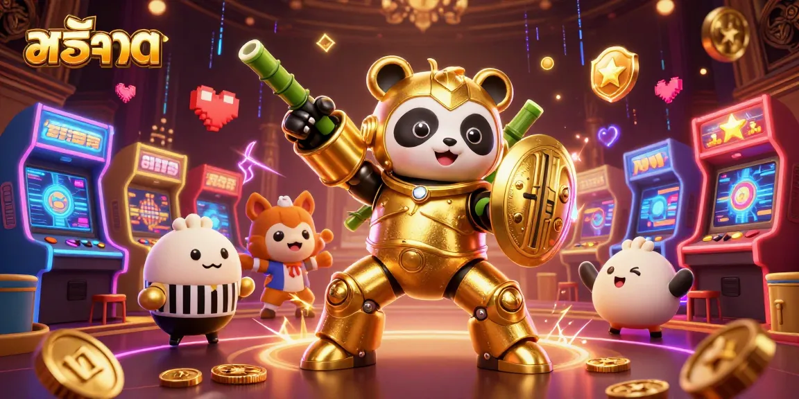 Spin and win at สล็อต with vibrant 3D cartoon casino scene featuring a golden panda and interactive game machines.