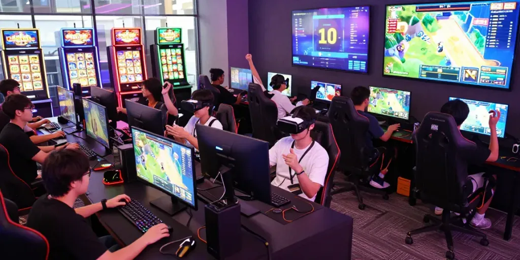 Players enjoying bos88 online gaming experience with vibrant graphics and celebratory atmosphere in a modern gaming lounge.