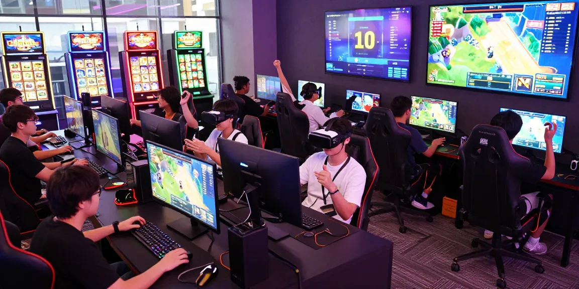 Players enjoying bos88 online gaming experience with vibrant graphics and celebratory atmosphere in a modern gaming lounge.