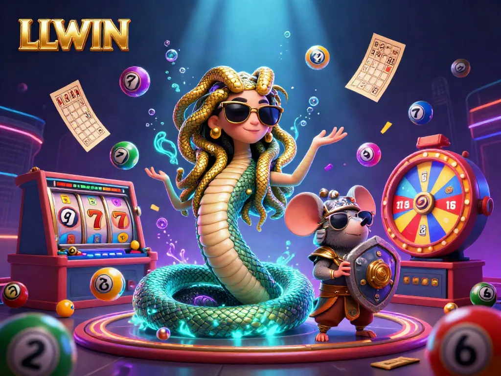 Spin the reels at LLWIN with Medusa and a warrior mouse in a vibrant gaming scene.