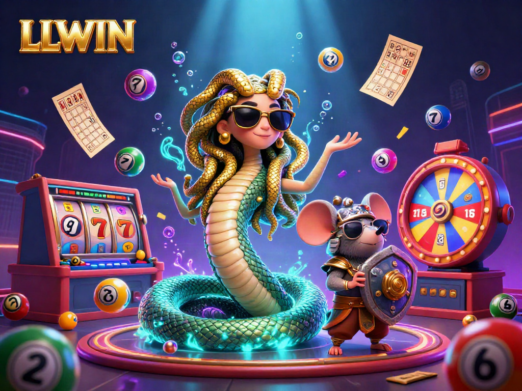 Spin the reels at LLWIN with Medusa and a warrior mouse in a vibrant gaming scene.