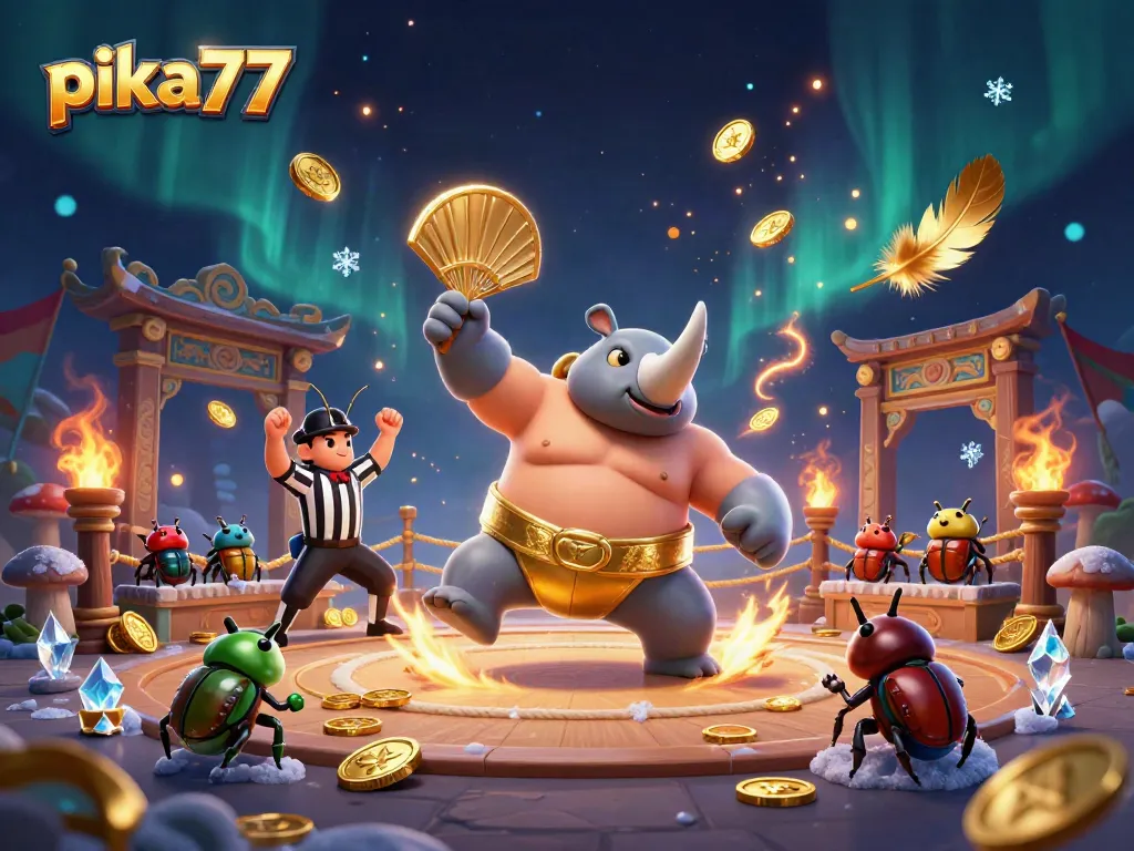Join the action with pika77 as the champion beetle stomps to win, scattering coins in this vibrant casino arena.