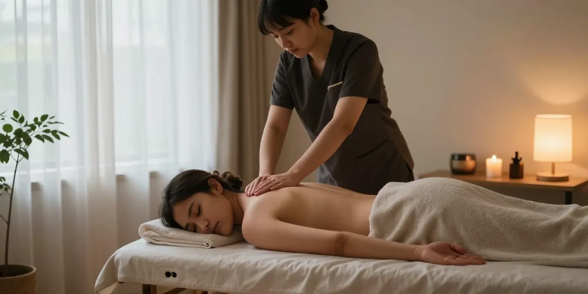 출장마사지 in a cozy home setting, professional therapist providing calming Swedish massage.