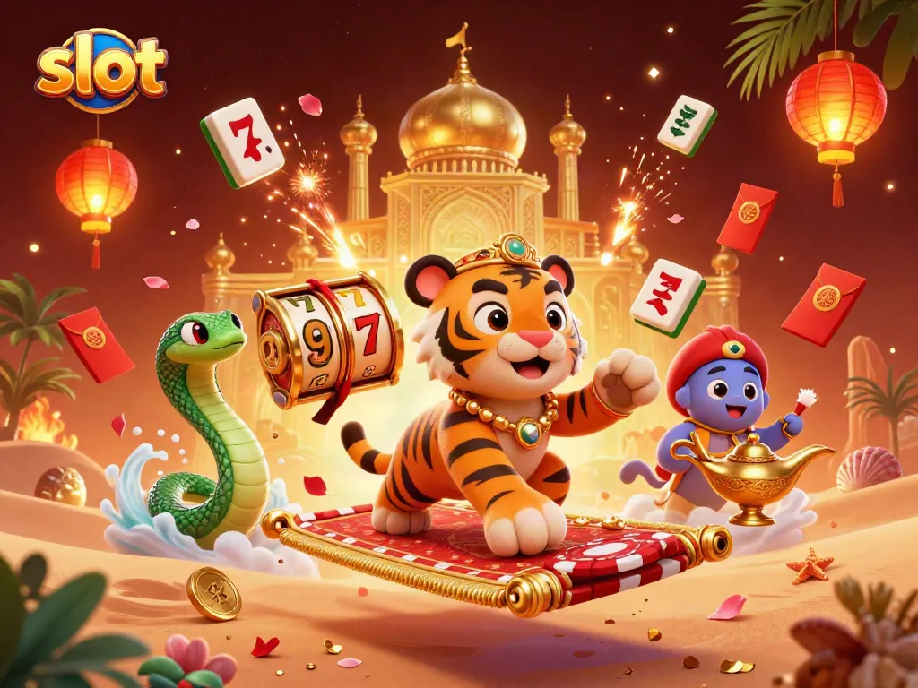 Spin the reels with magical Arabian-themed slot action and vibrant casino elements.