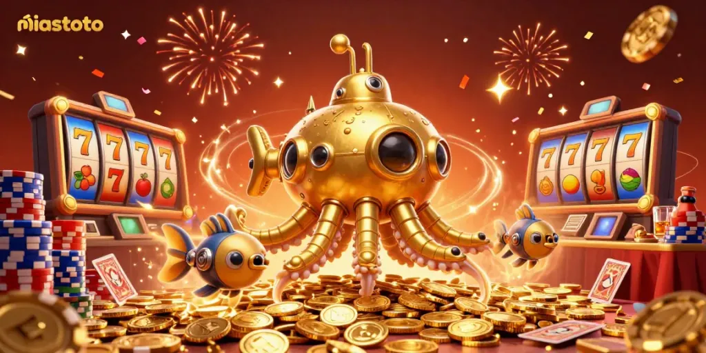 Engage in immersive slot gaming with niastoto's golden kraken submarine emerging from golden coins.