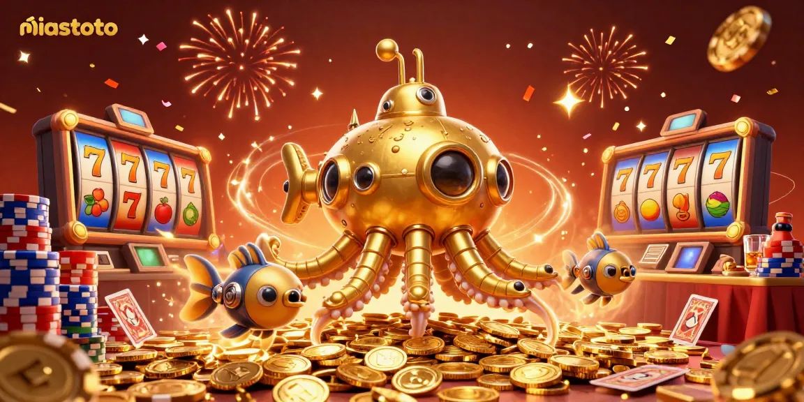 Engage in immersive slot gaming with niastoto's golden kraken submarine emerging from golden coins.