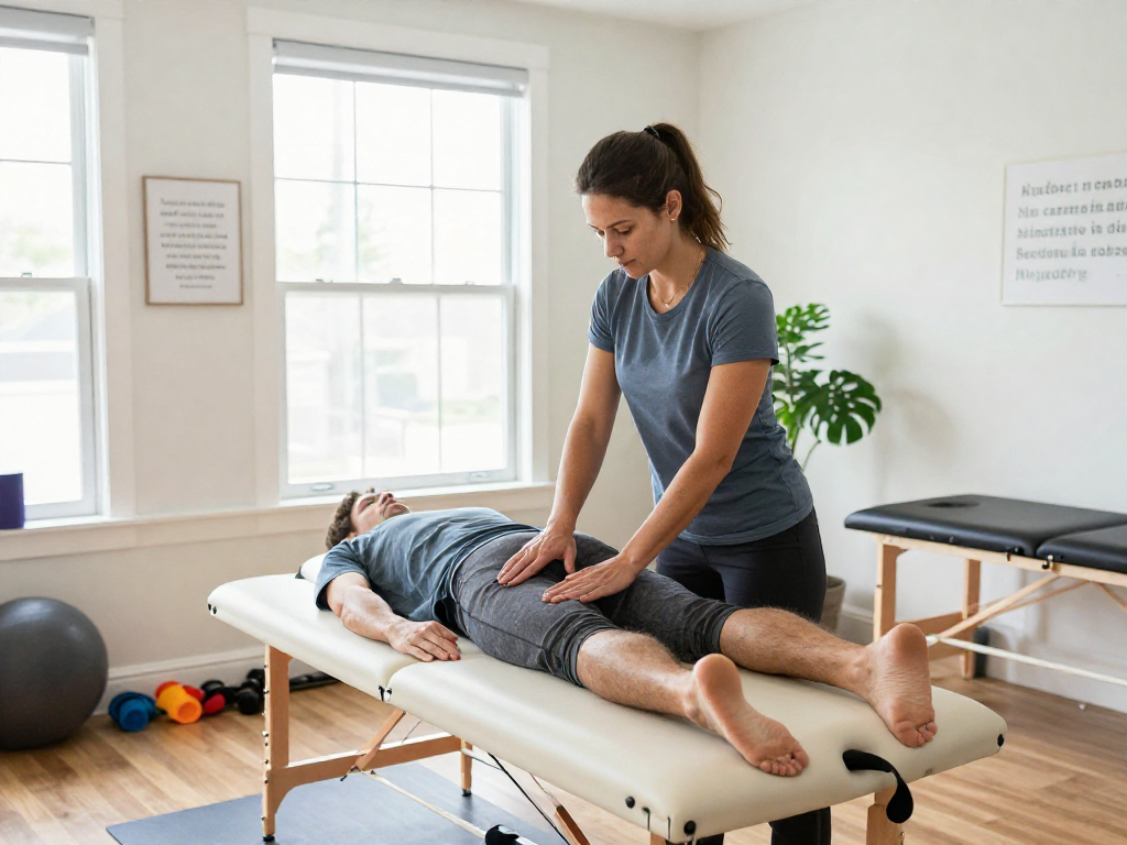 Physical Therapist in Scarborough Maine performing myofascial release on a patient in a bright and welcoming clinic.