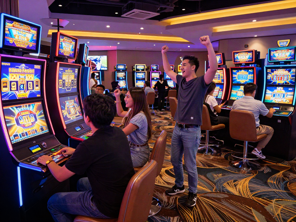 Exciting gaming scene showcasing players at situs slot gacor with colorful slot machines.