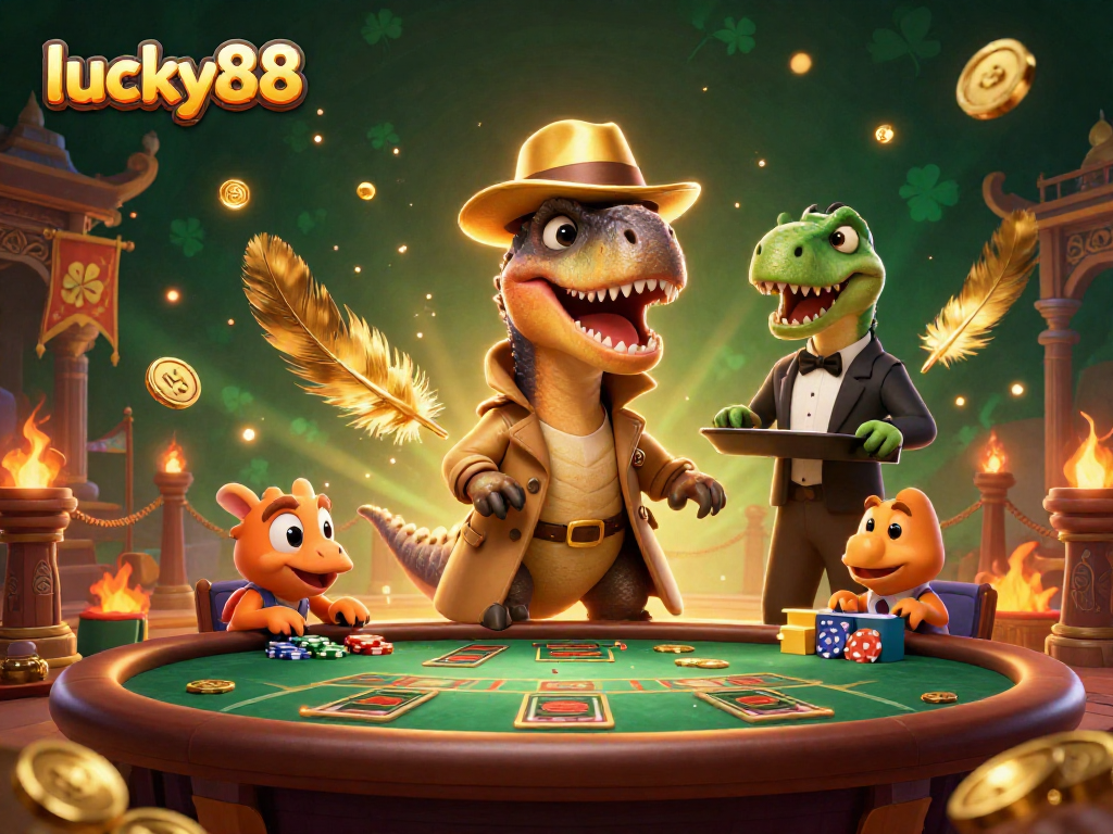 Experience engaging gameplay at lucky88, featuring a velociraptor card counter and stegosaurus pit boss in a vibrant casino scene.