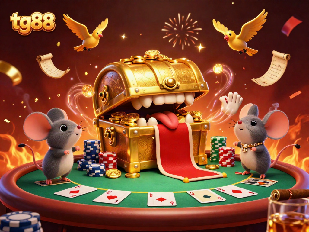 Engage in excitement at tg88 casino with a treasure chest and poker elements in a vibrant scene.