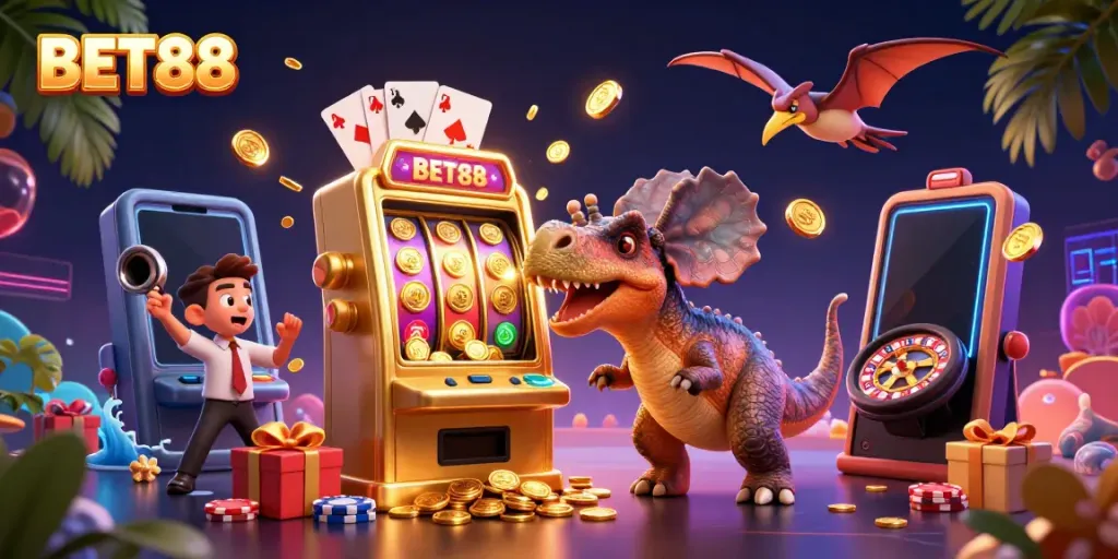 Experience big wins with BET88 as a pachycephalosaurus interacts with a golden slot machine, surrounded by vibrant casino elements.