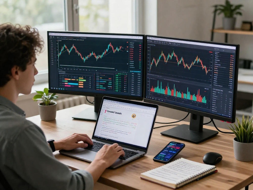 Tornardocash user trading in a modern home office with dual displays and cryptocurrency data.
