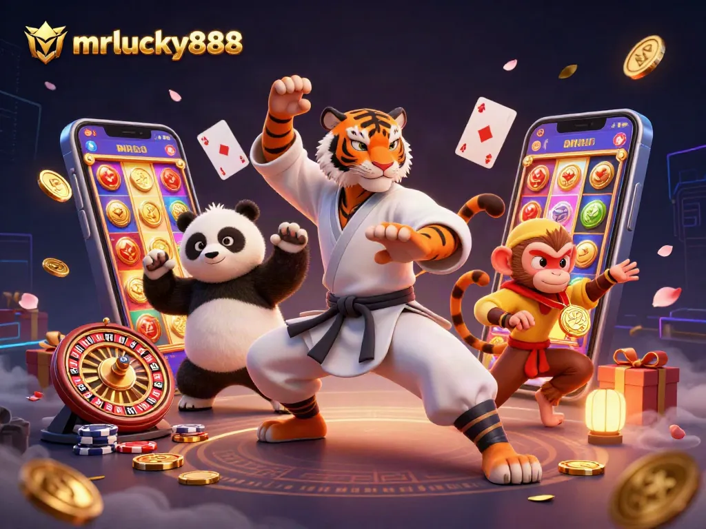 Play with mrlucky888 as the kung fu tiger master and friends in a vibrant online casino.