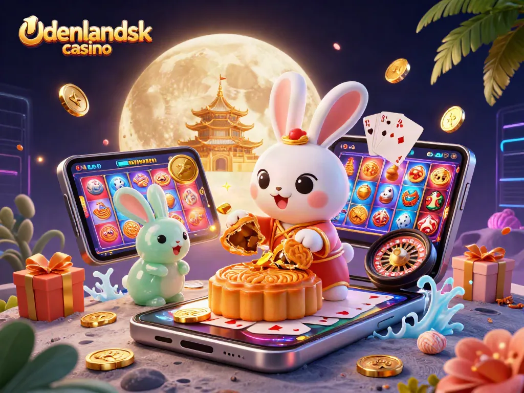 Engage with the vibrant scene of udenlandsk casino showcasing a moon rabbit and gaming elements in a dynamic 3D illustration.