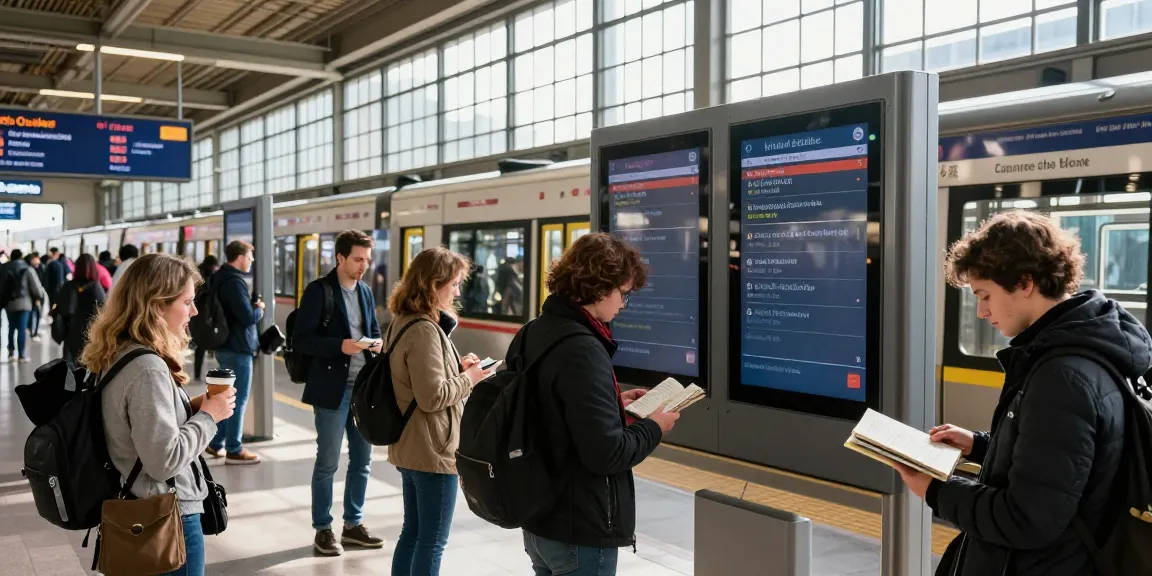 Commuters receiving notifications about public strikes in a busy railway station.