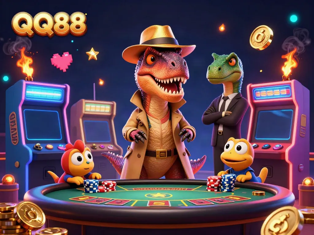 Experience thrilling action at QQ88 with a velociraptor card counter, stegosaurus pit boss, and playful compy pickpocket in a vibrant casino scene.