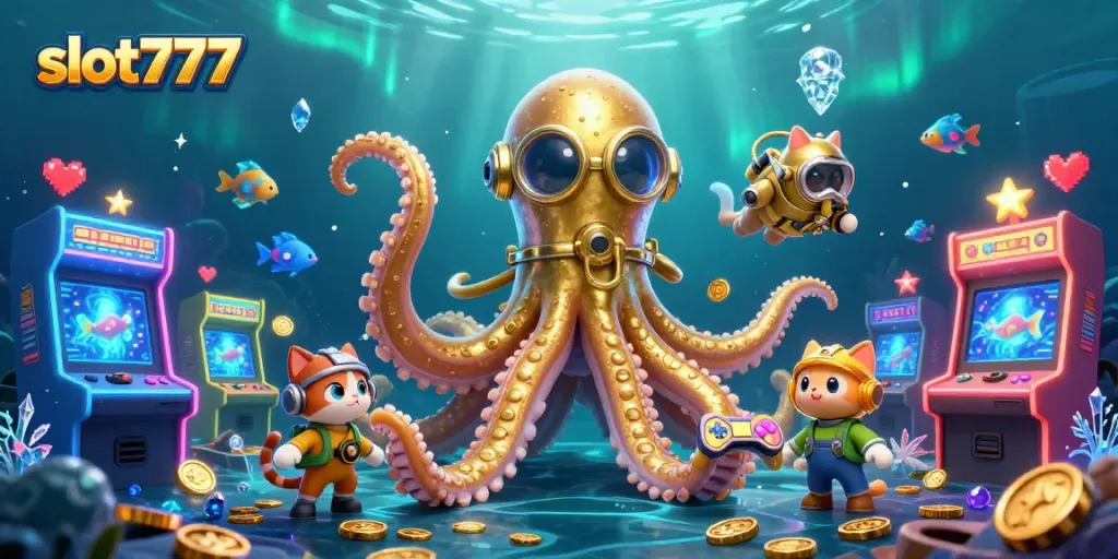 Bermain slot777 di dunia bawah laut dengan kraken raksasa dan ikan, penuh koin emas.