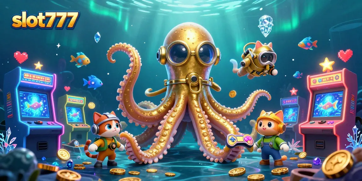 Bermain slot777 di dunia bawah laut dengan kraken raksasa dan ikan, penuh koin emas.