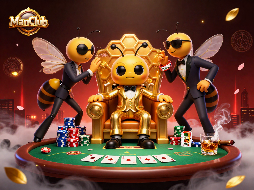 ManClub showcases a 3D cartoon bumblebee mob boss surrounded by vibrant poker elements
