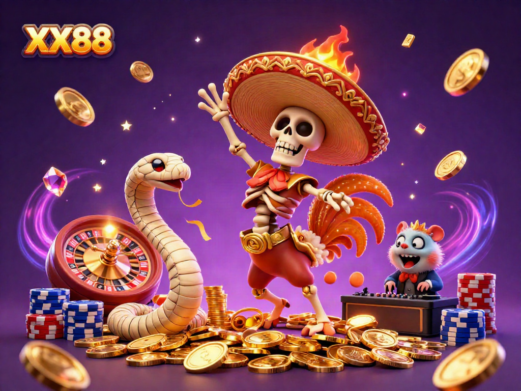 Experience the winning moments with XX88 in this vibrant casino-themed illustration.