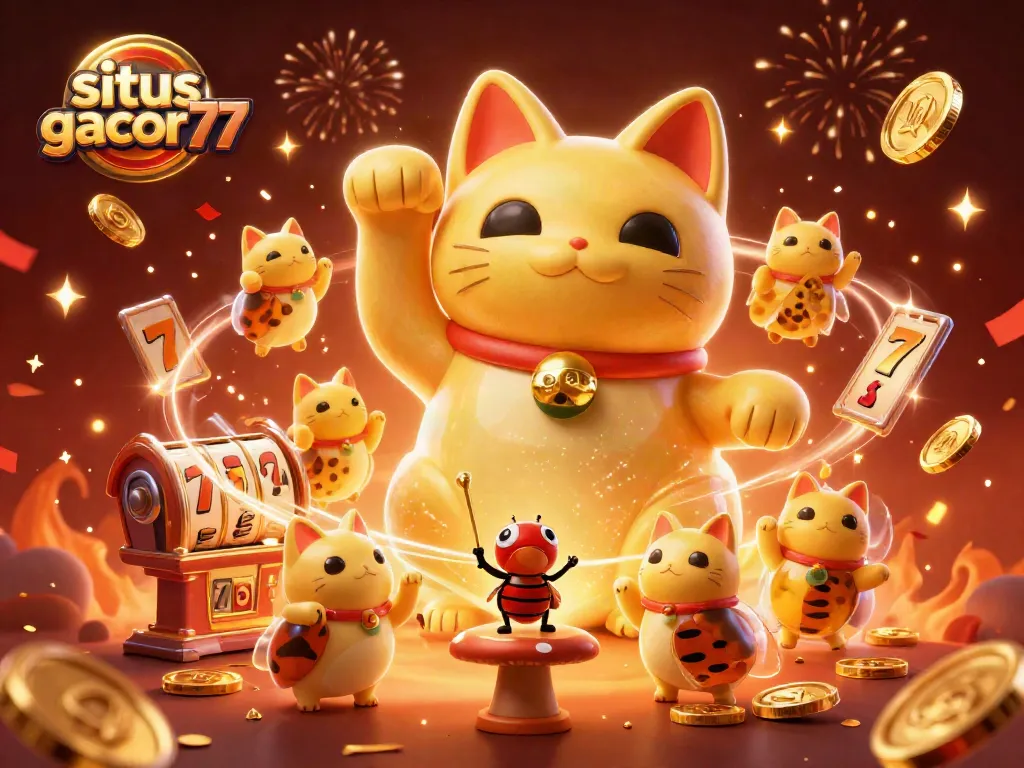 Permainan slot situs gacor77 dengan karakter kucing keberuntungan dan elemen kasino memukau.