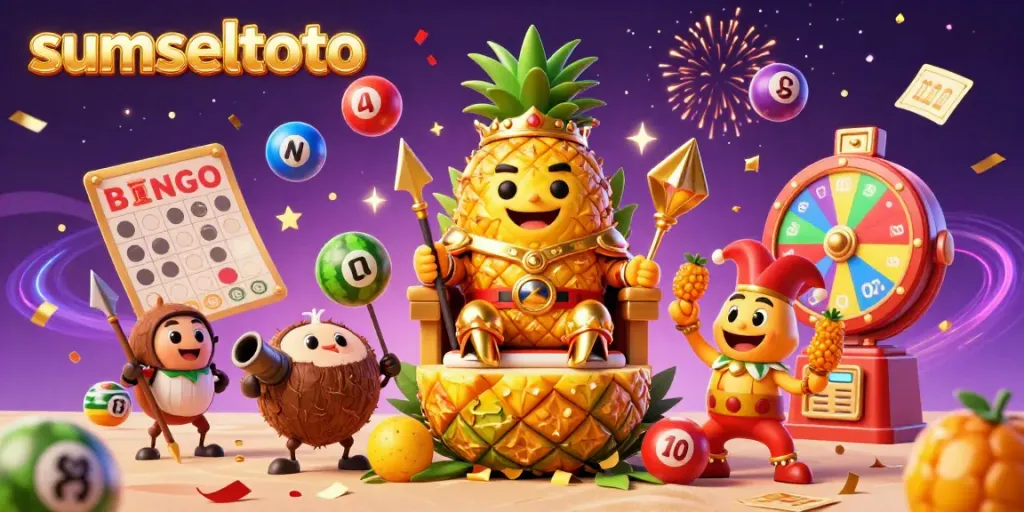 Experience the excitement with sumseltoto in this vibrant casino scene featuring the golden pineapple king.